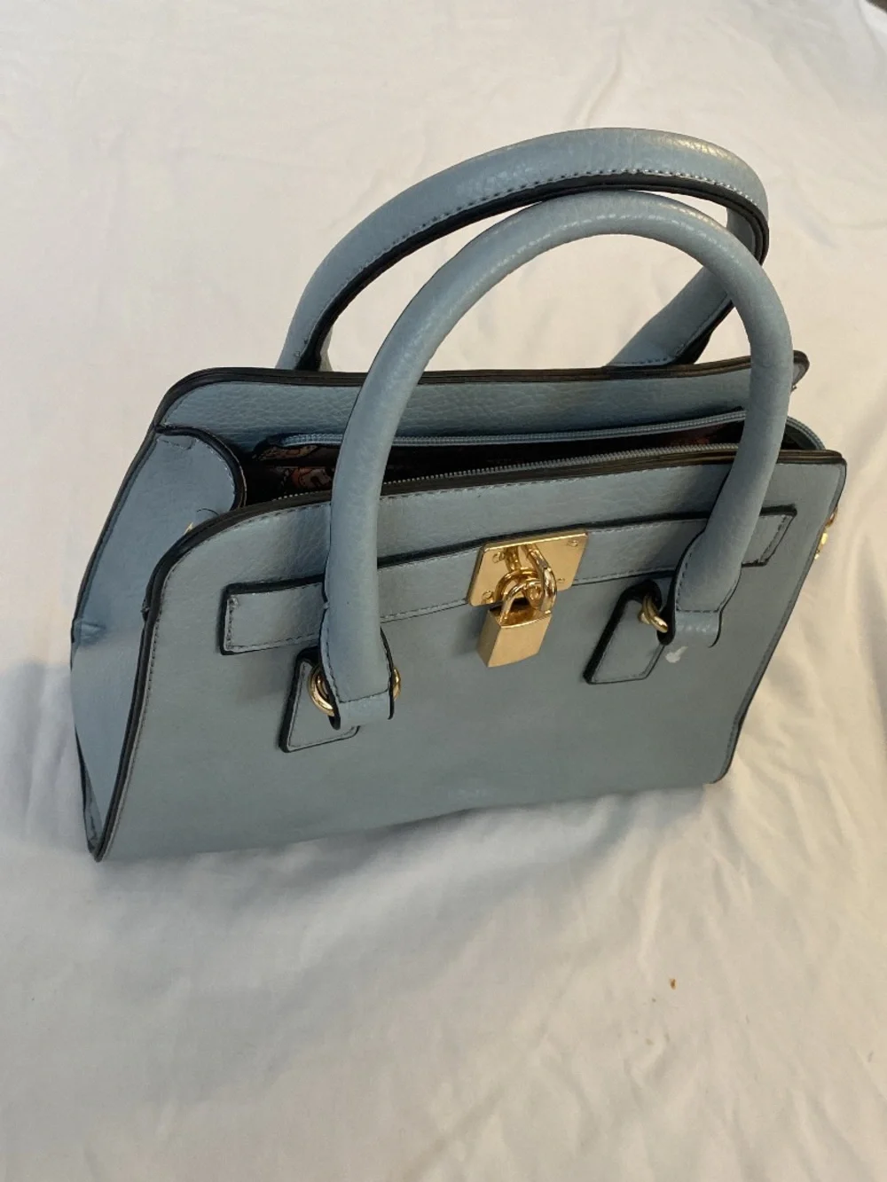 Elegant Powder Blue Structured Top-Handle Satchel with Gold Hardware